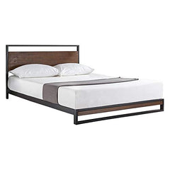 A stylish bed with a metal frame and a classic wooden headboard design.