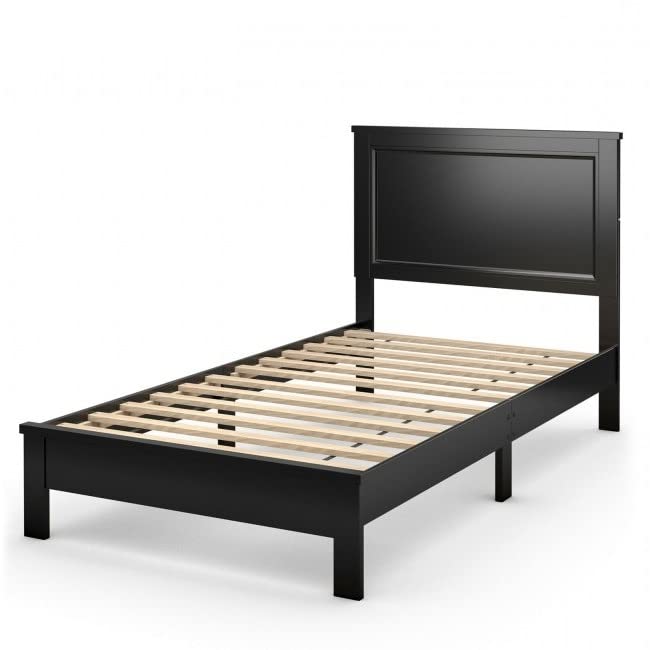 A black bed frame featuring wooden slats, designed for a modern and minimalist bedroom aesthetic.