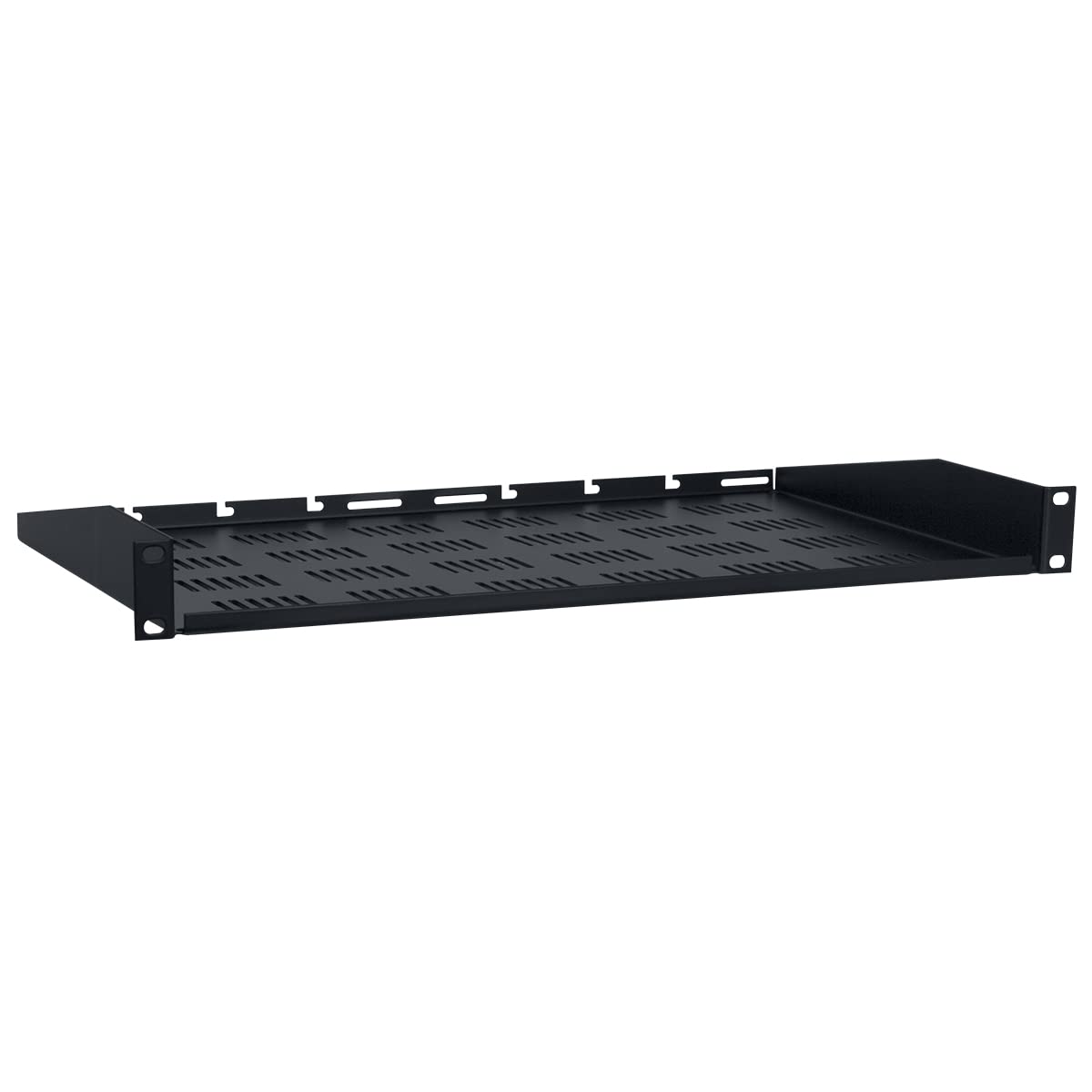 A black shelf with perforated holes at the bottom, designed for airflow or installation.
