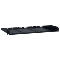 A black shelf with perforated holes at the bottom, designed for airflow or installation.
