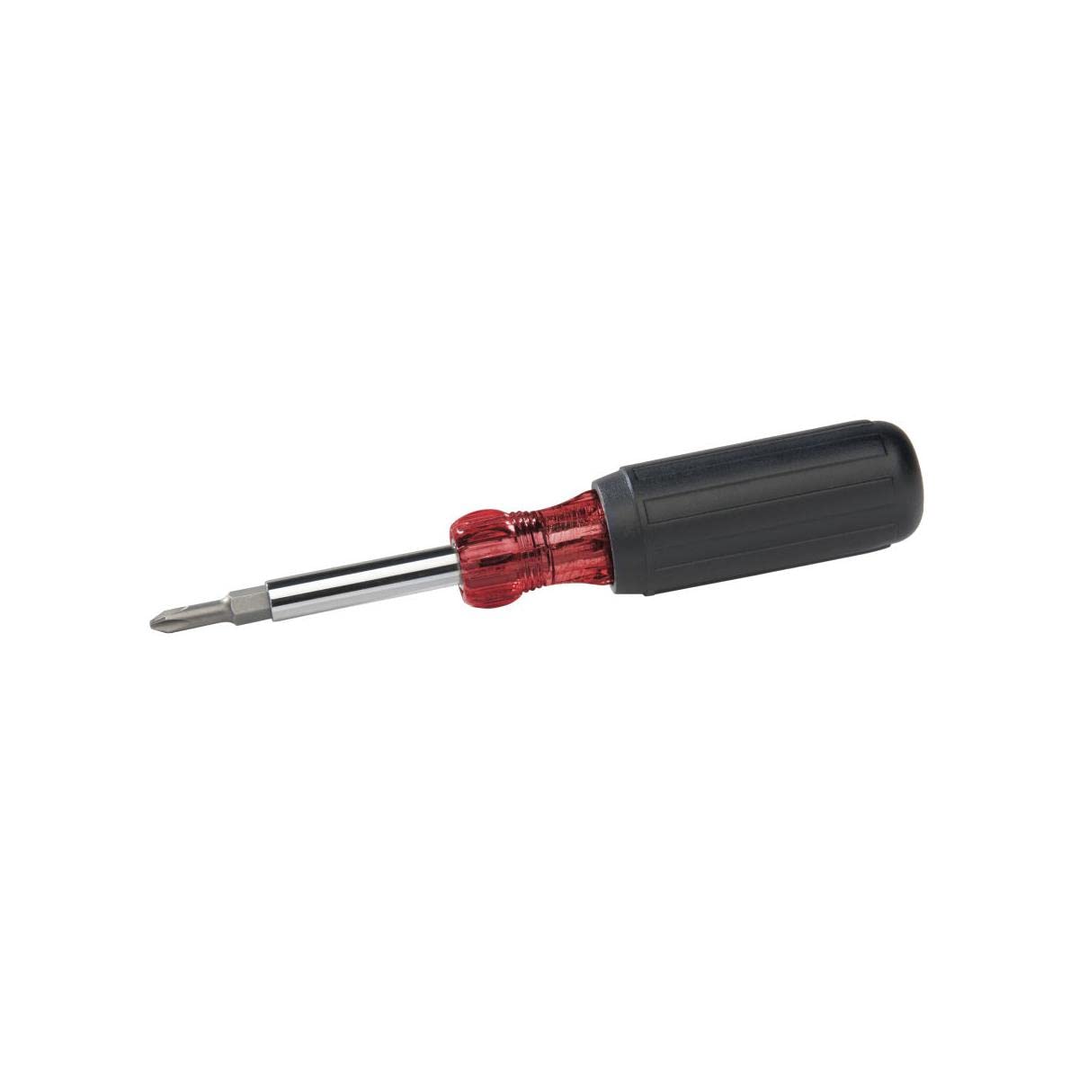 A screwdriver featuring a red handle and a black handle, designed for various fastening tasks.