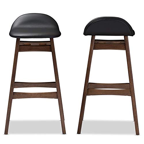 Baxton Studio 2 Piece Bloom Scandinavian Style Faux Leather Upholstered Walnut Barstool Set, 30", Black