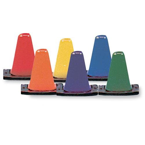 Four vibrant cones in different colors displayed against a white backdrop.