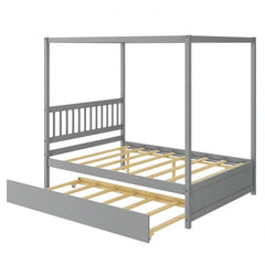 A wooden bed frame paired with a wooden bed, highlighting a simple and elegant aesthetic.