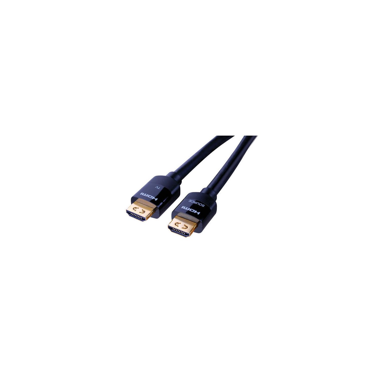 Two black HDMI cables with gold connectors displayed on a neutral surface.