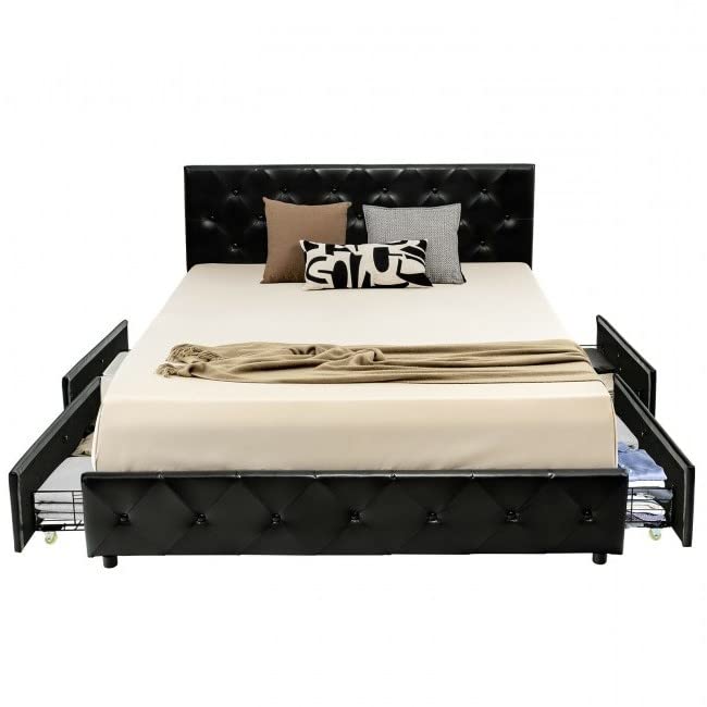 A modern black bed with storage drawers located underneath for maximizing space efficiency.