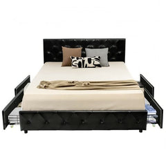 A modern black bed with storage drawers located underneath for maximizing space efficiency.