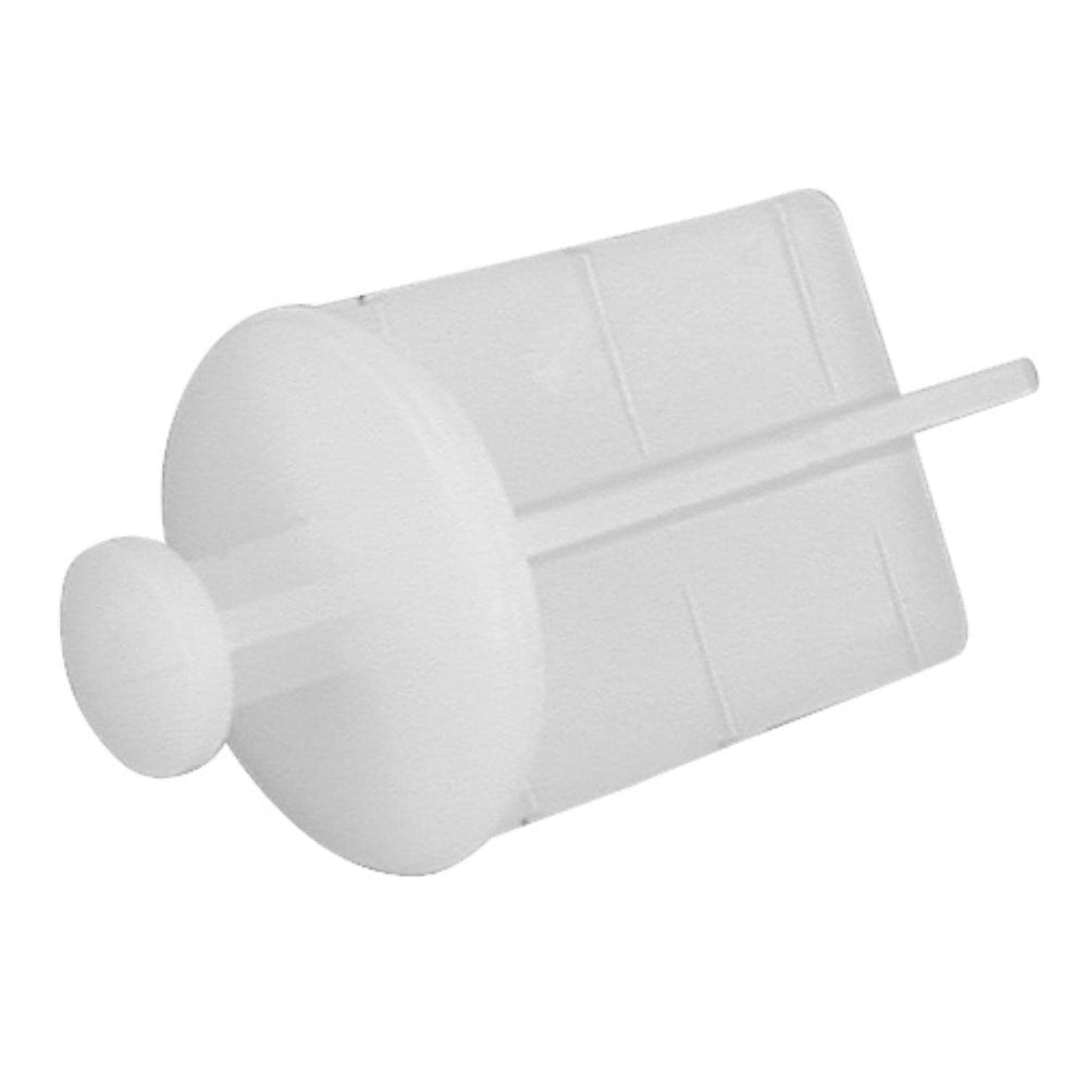 A white plastic plug with a central small hole, commonly used in electrical or plumbing contexts.
