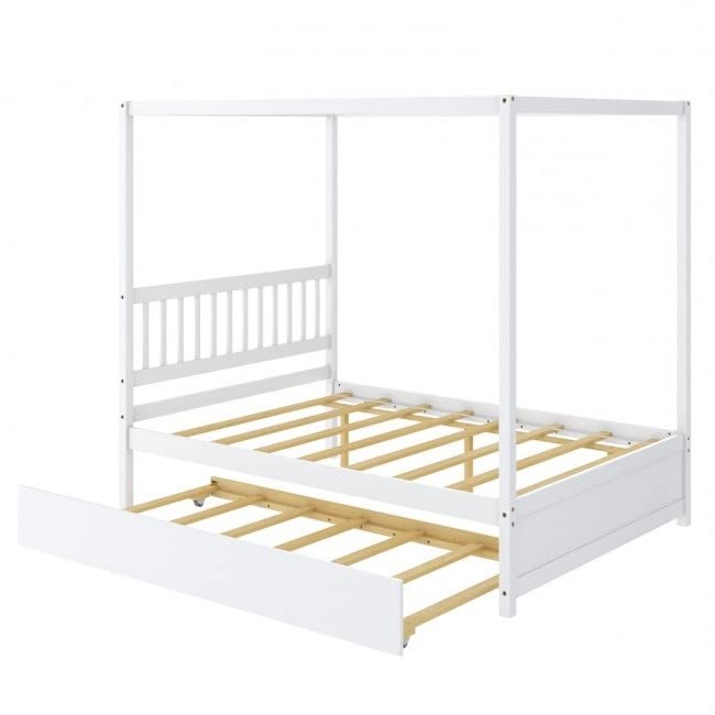 A stylish white canopy bed with a sturdy wooden frame and slats, perfect for enhancing bedroom decor.