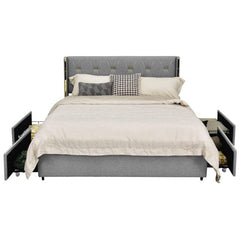 A stylish bed with a grey headboard and footboard, adding a contemporary touch to the room's decor.