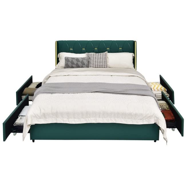 A bed with a vibrant green headboard and drawers integrated into the base for added functionality.