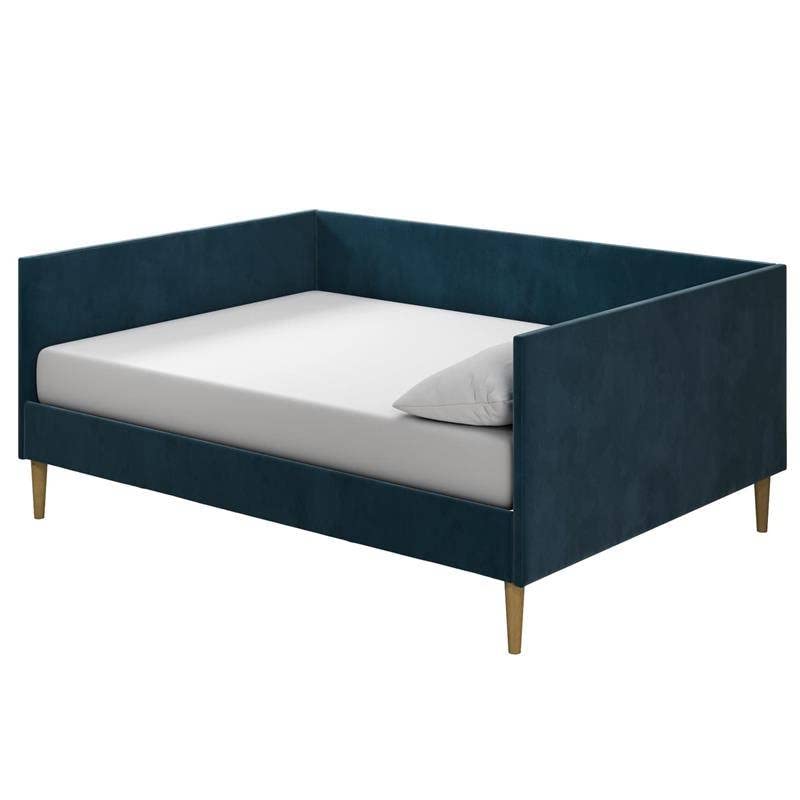 Blue velvet daybed with a wooden structure and a gold frame, elegantly designed for comfort and style.