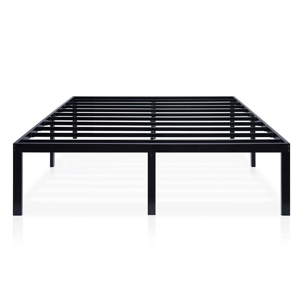 A sleek black metal bed frame with a robust metal structure, ideal for contemporary bedroom decor.
