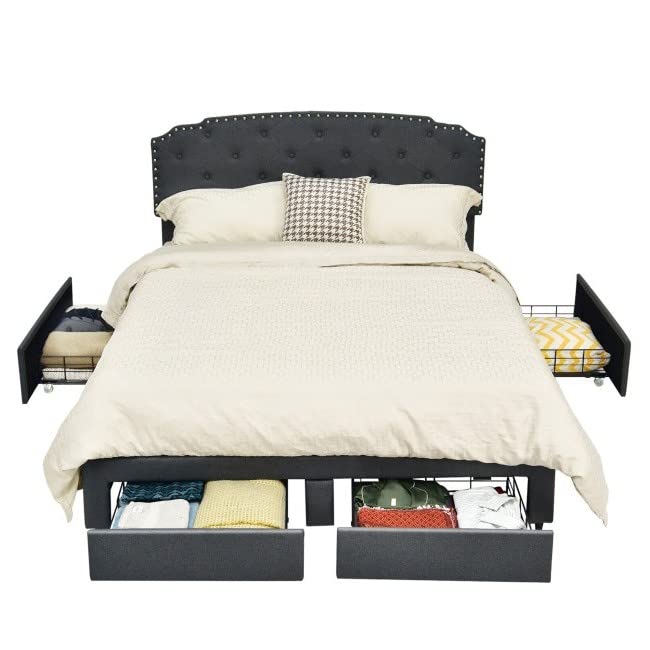A bed with storage drawers integrated beneath the mattress for organization.