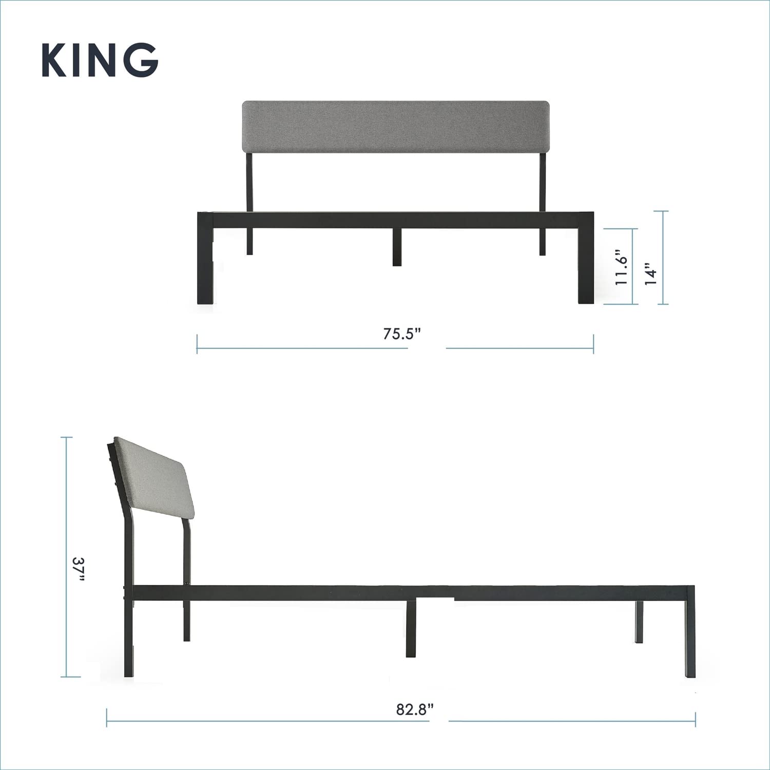 Fast Furnishings King Gray Fabric Metal Headboard Bed