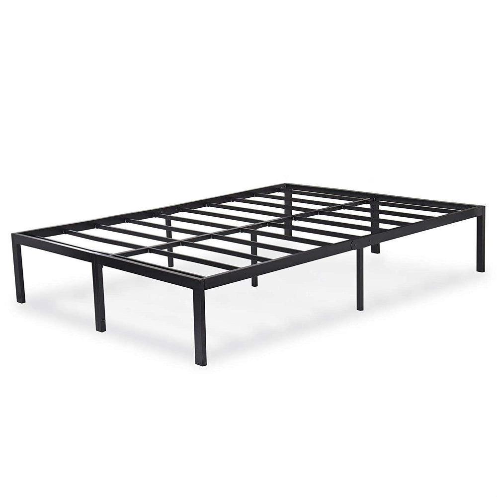 A black metal bed frame featuring a sturdy metal construction, designed for durability and modern aesthetics.