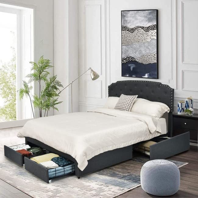 Full Grey Linen Adjustable Headboard 4-Drawer Bed