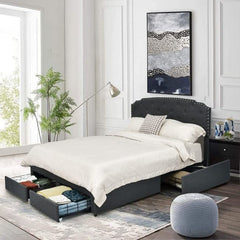 Full Grey Linen Adjustable Headboard 4-Drawer Bed
