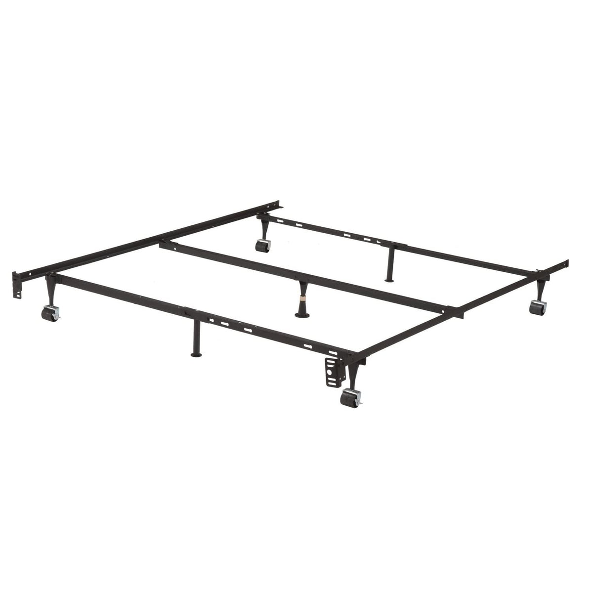 A sturdy metal bed frame with two wheels for easy movement and two legs for support.