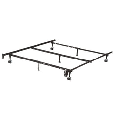 A sturdy metal bed frame with two wheels for easy movement and two legs for support.