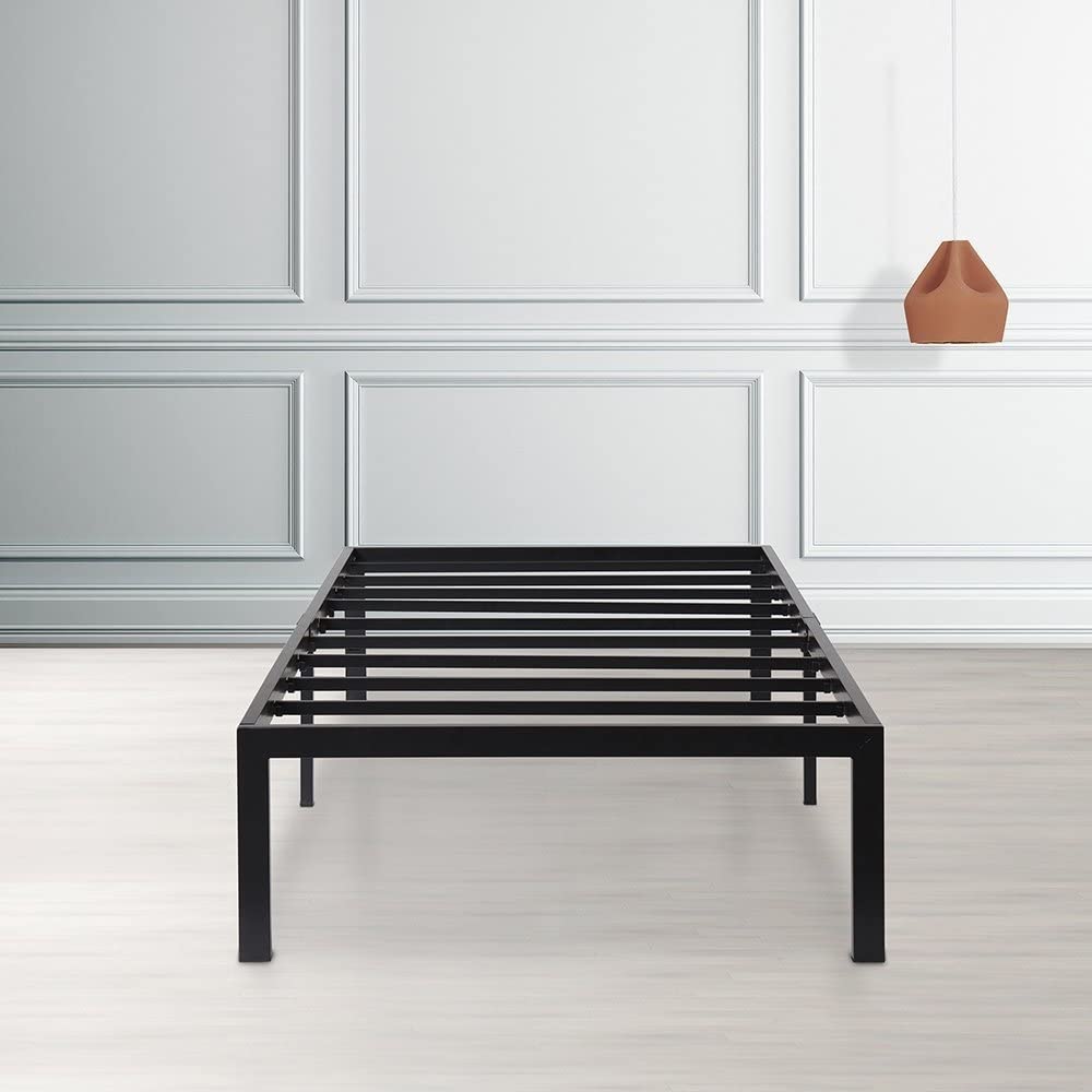 A black metal bed frame featuring a contrasting white headboard, showcasing a modern and stylish design.