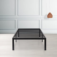 A black metal bed frame featuring a contrasting white headboard, showcasing a modern and stylish design.