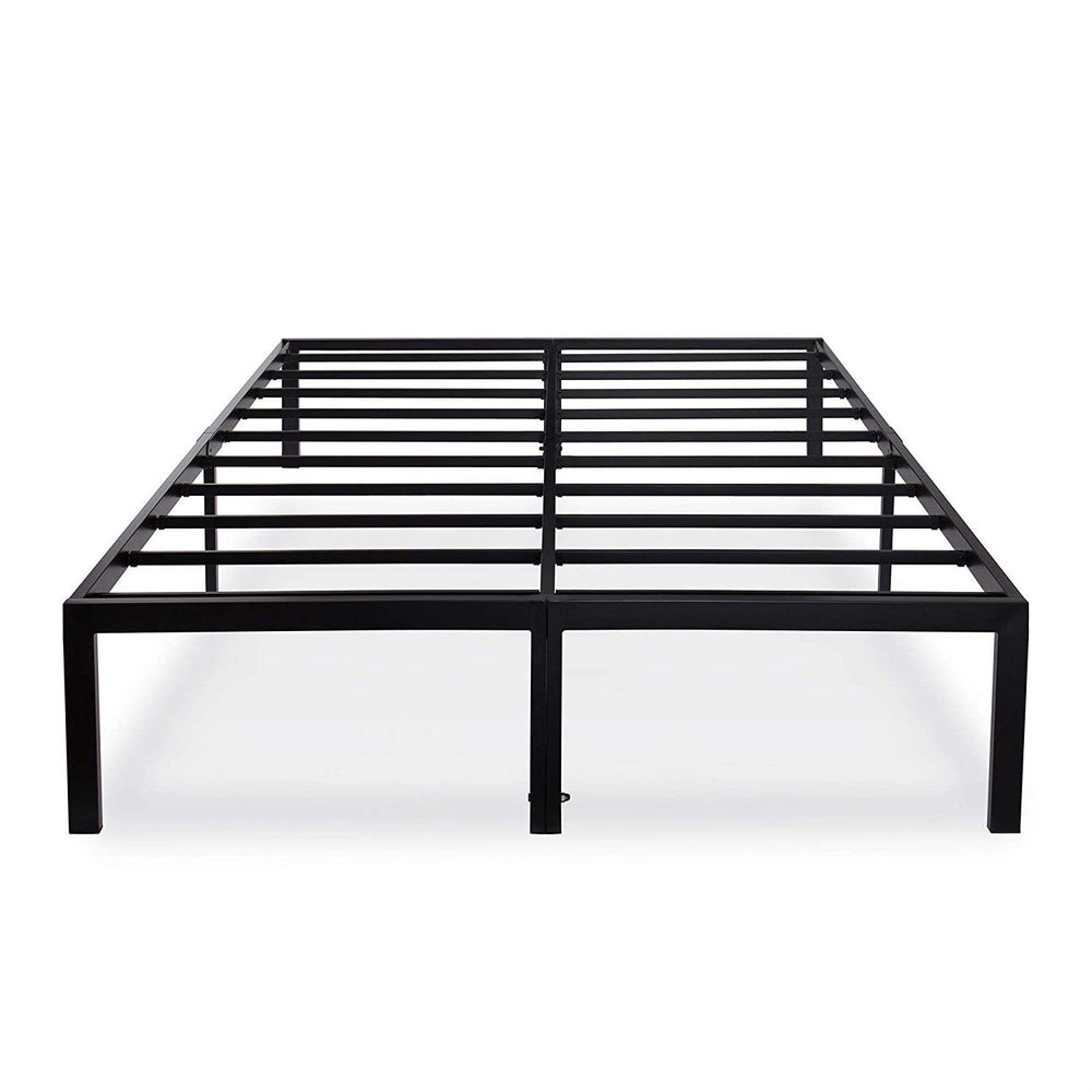 A metal bed frame featuring sleek black slats, designed for modern bedroom aesthetics and sturdy support.