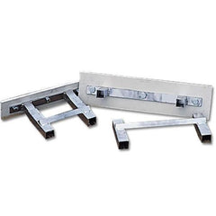 Two metal brackets positioned alongside a flat metal plate, designed for structural support or attachment in various applications.