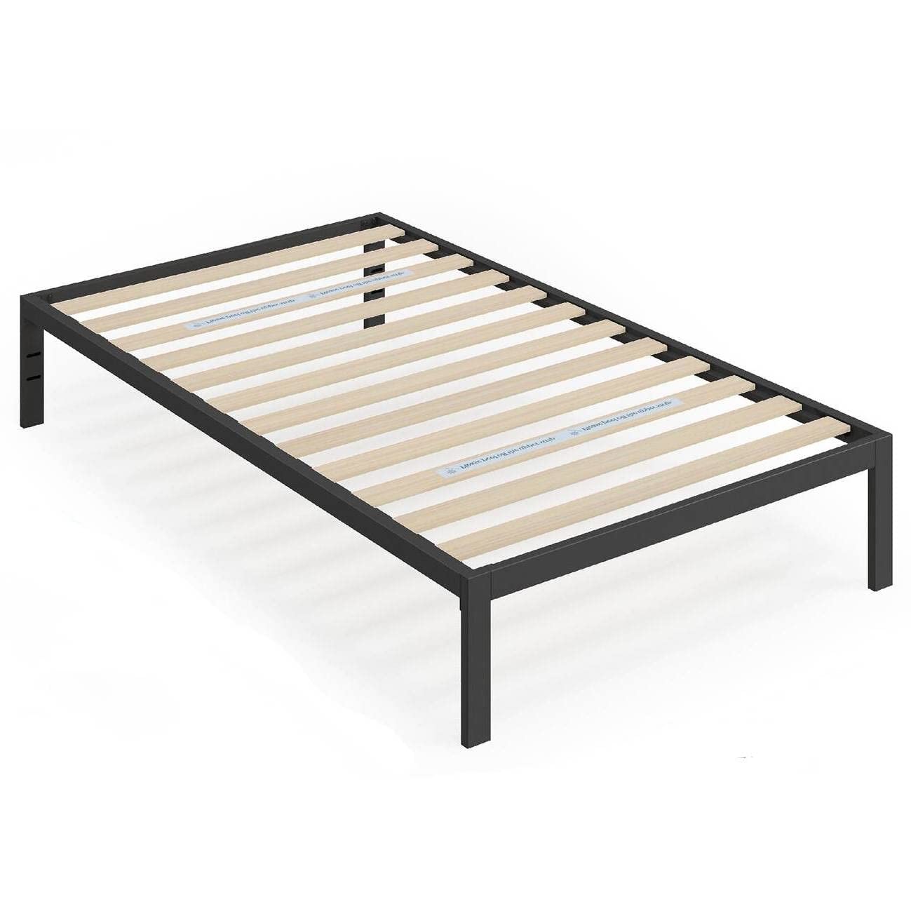 A bed frame featuring wooden slats supported by a sturdy metal frame, designed for durability and style.