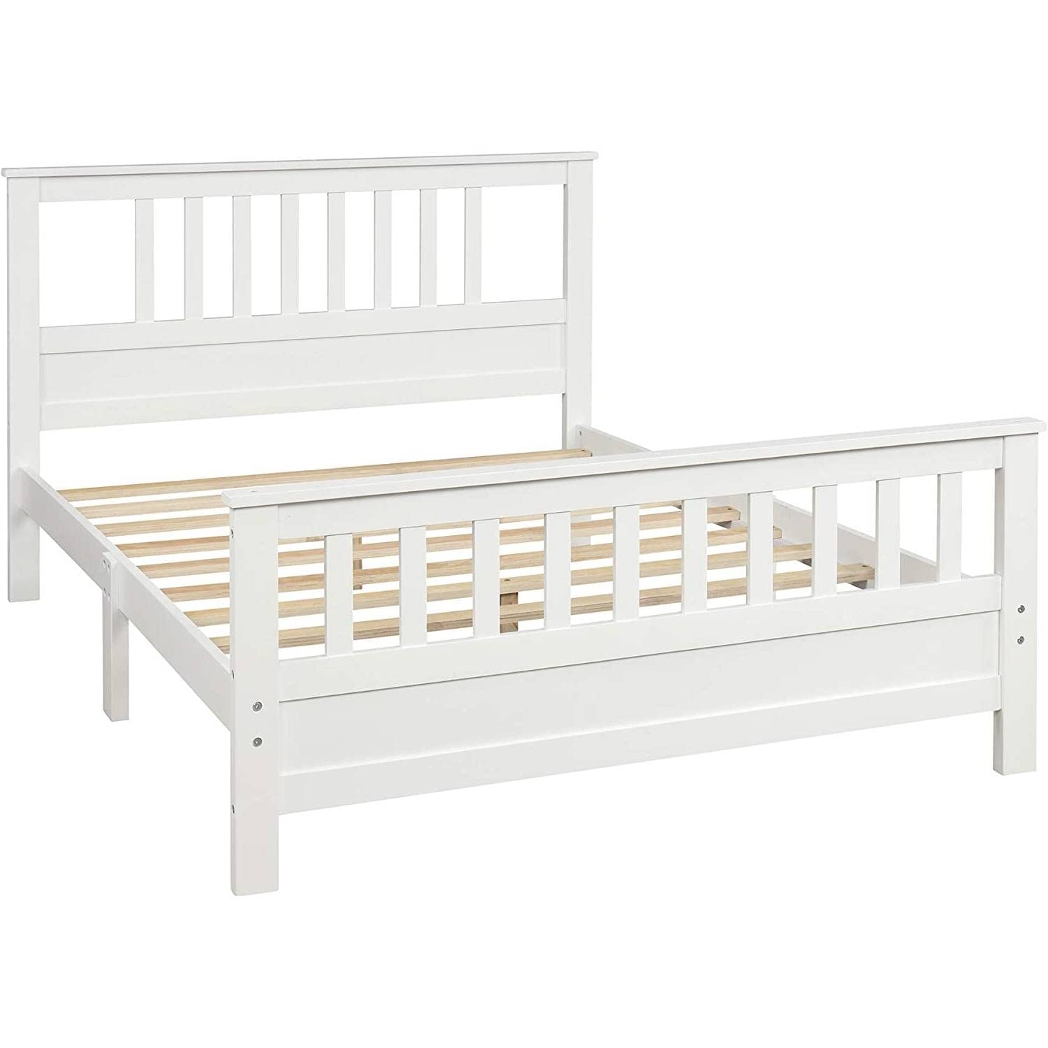 A white bed frame featuring wooden slats, designed for a modern and minimalist bedroom aesthetic.