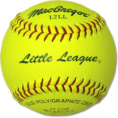 A yellow softball featuring the words Little League printed on its surface.