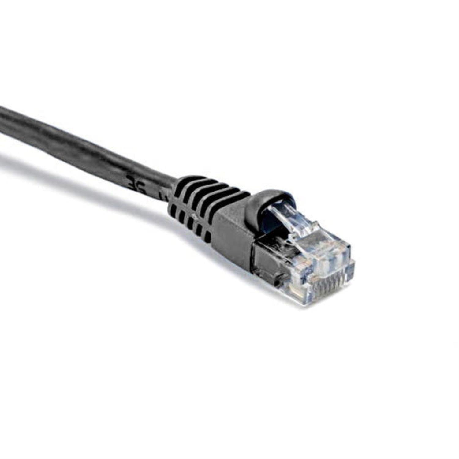 A black Cat5e patch cord displayed against a clean white background.