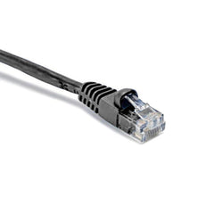 A black Cat5e patch cord displayed against a clean white background.