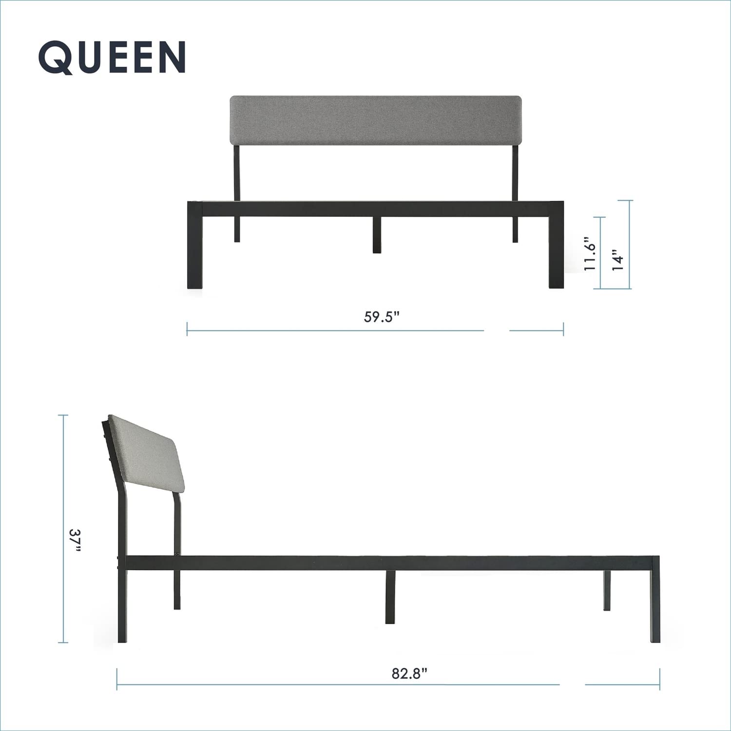 Fast Furnishings Queen Gray Fabric Metal Headboard Bed