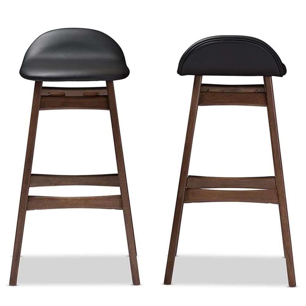 Baxton Studio 2 Piece Bloom Scandinavian Style Faux Leather Upholstered Walnut Barstool Set, 30", Black