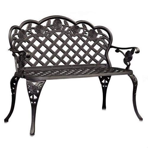 A decorative black wrought bench with a lattice pattern, ideal for gardens or patios.