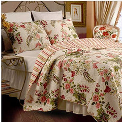 King 3-Pc Pink Beige Floral Butterflies Cotton Quilt