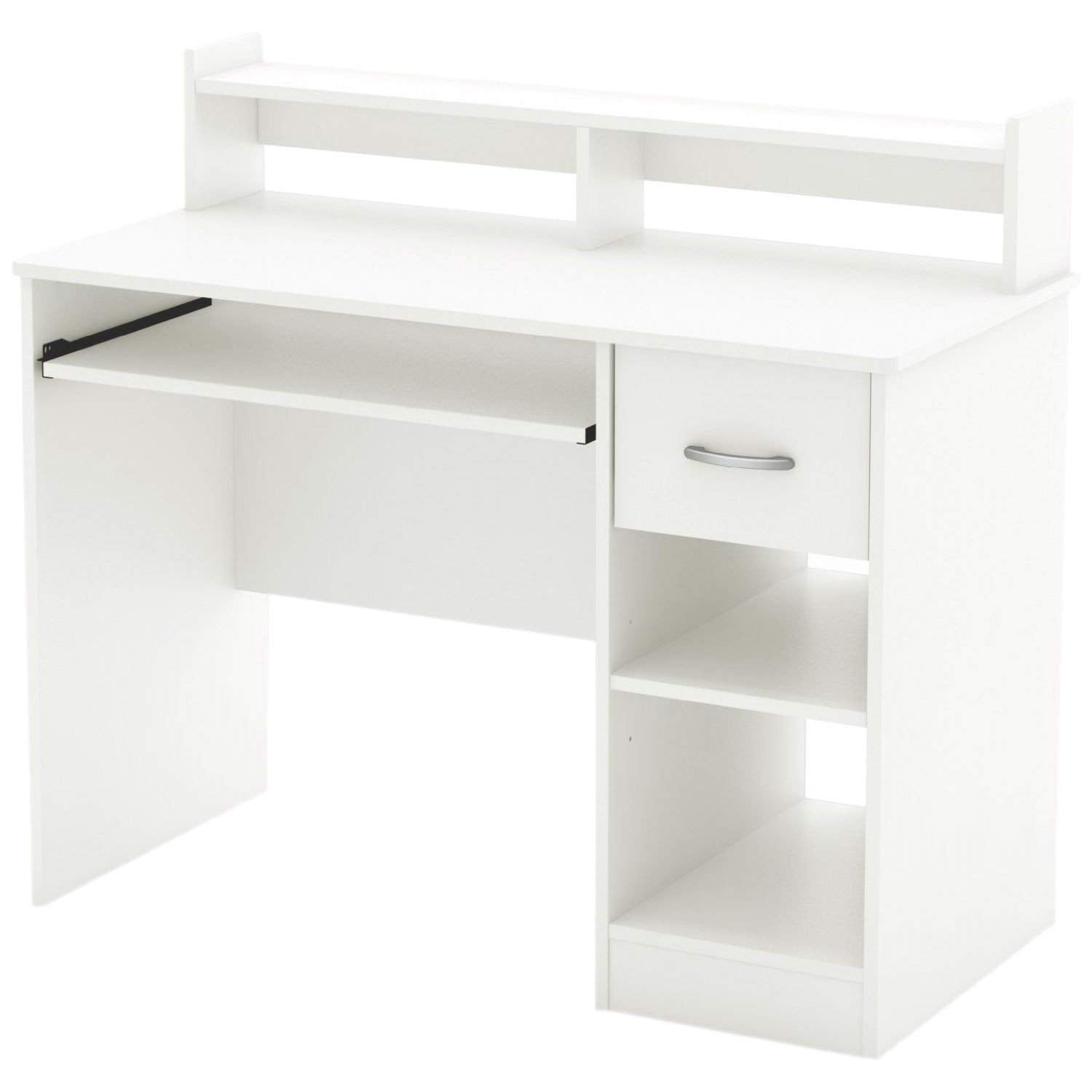 A white desk designed for computers, equipped with a shelf and multiple drawers for efficient storage.