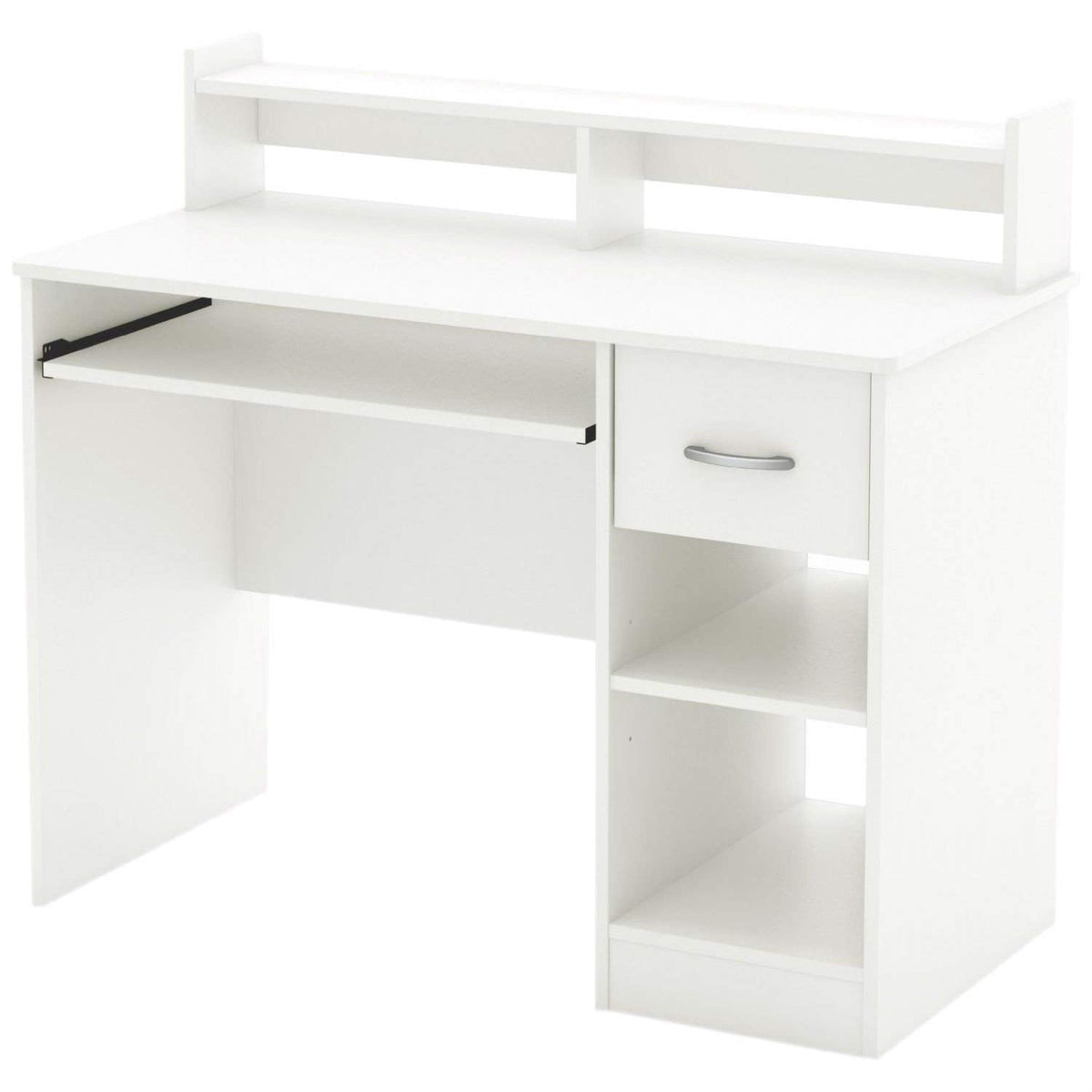 A white desk designed for computers, equipped with a shelf and multiple drawers for efficient storage.