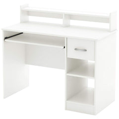 A white desk designed for computers, equipped with a shelf and multiple drawers for efficient storage.