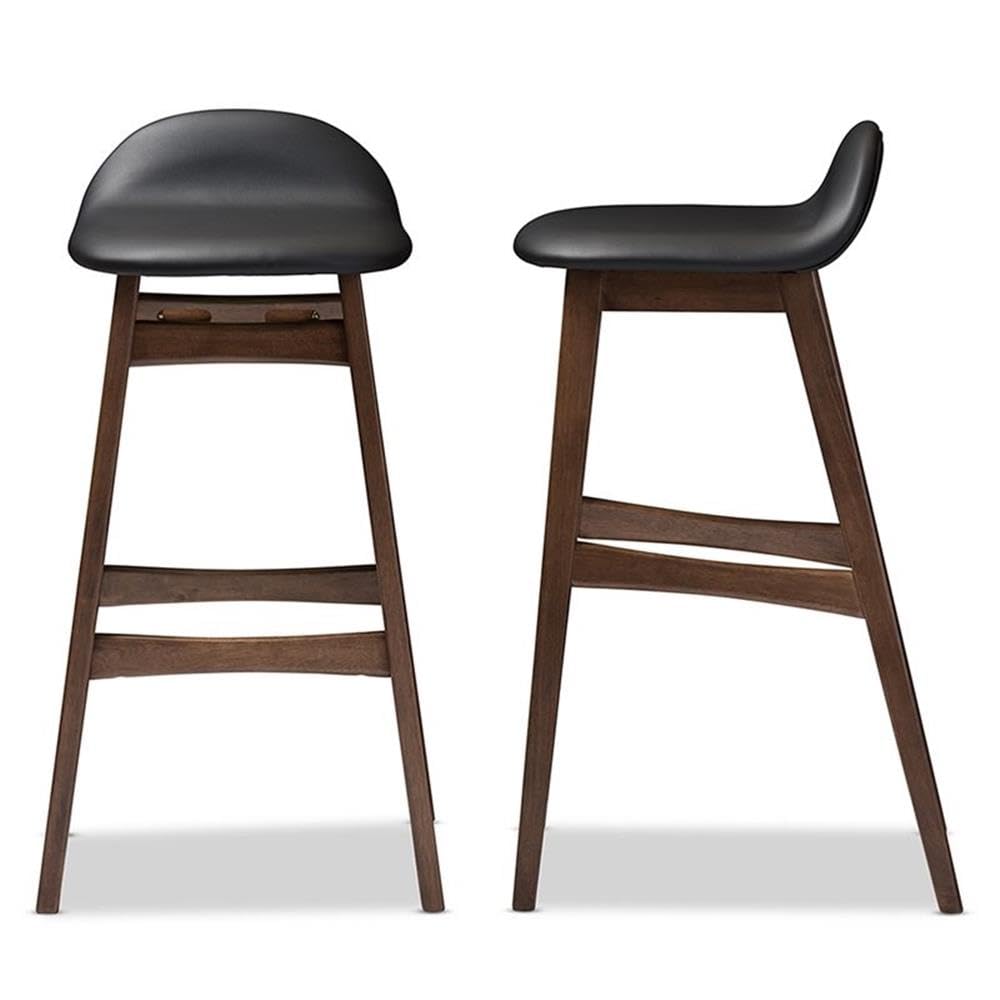 Baxton Studio 2 Piece Bloom Scandinavian Style Faux Leather Upholstered Walnut Barstool Set, 30", Black