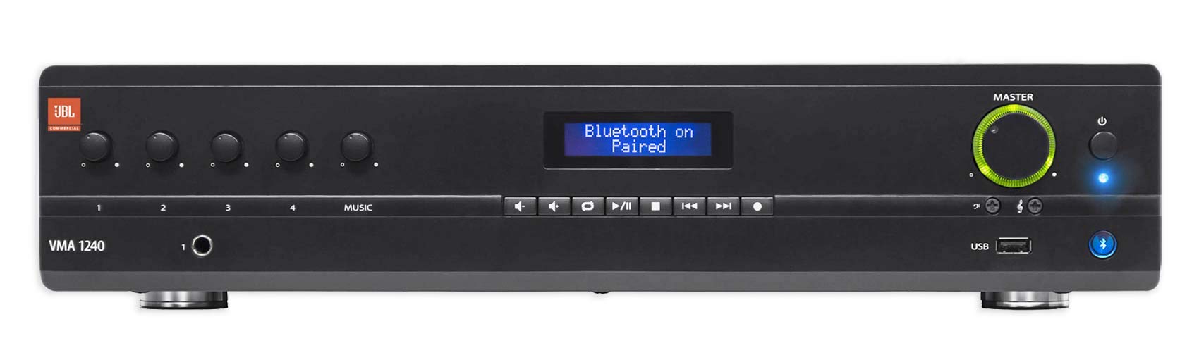 The front view of a digital audio player featuring a clock display, highlighting its modern design and timekeeping feature.