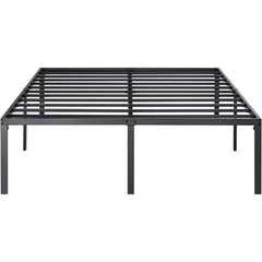 A black metal bed frame showcasing a minimalist design, perfect for contemporary bedroom decor.