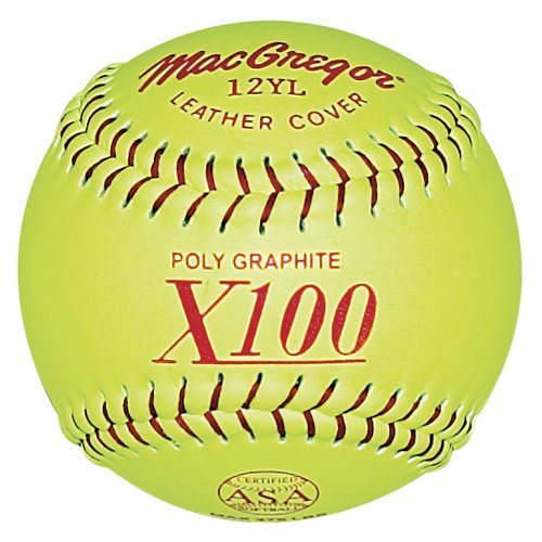 A bright yellow softball with the inscription x100 visible on it.