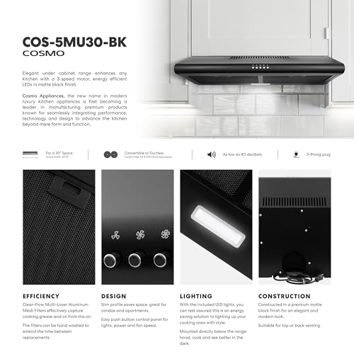 COS-5MU30-BK 30 in. Delta Collection Ducted Under Cabinet Range Hood, Button Controls, Reusable Filters, LED Lights in Matte Black, 30 inch