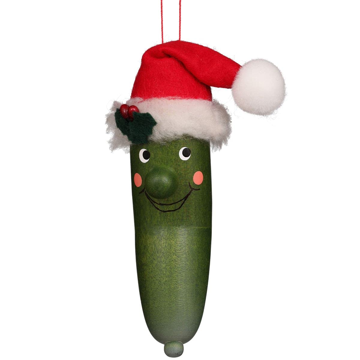 A green cucumber wearing a festive Santa hat, adding a whimsical touch to holiday decorations.