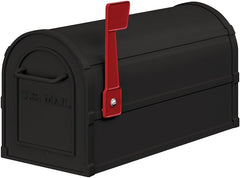 A black mailbox featuring a red handle, positioned against a neutral background.