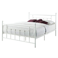 A white metal bed featuring a sleek white frame and headboard, set against a neutral background.