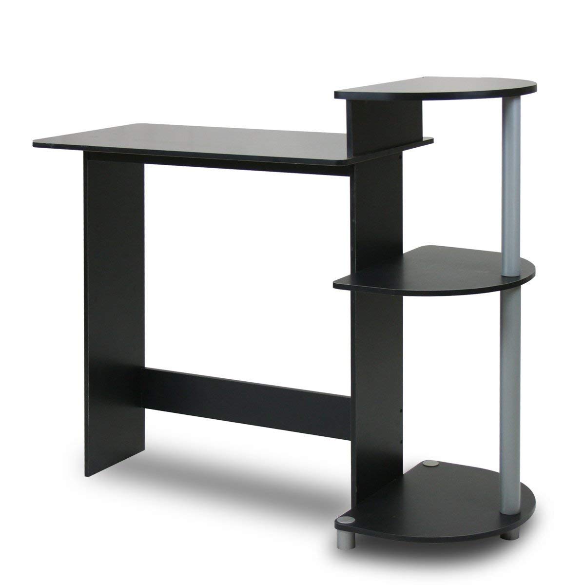 A modern black and silver computer desk equipped with shelves for additional storage and workspace efficiency.