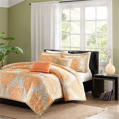 Twin 4-Pc Orange White Damask Comforter Set
